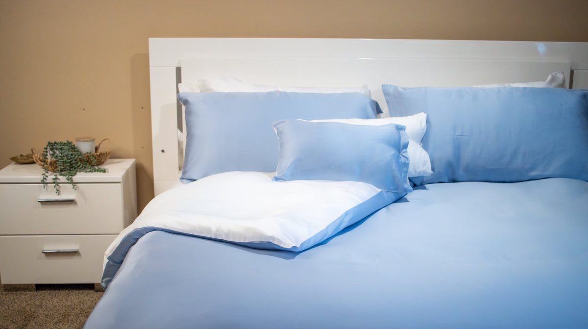 Duvet cover with two matching pillow shams displayed on a neatly made bed